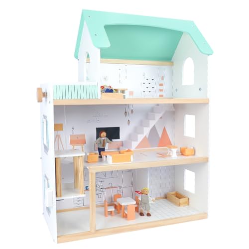 Casa De Muñecas Grande De 3 Pisos con 3 Muñecas Juguete para Jugar A Las Casitas Escalera Mecánica Elevadora Y Casa De Juegos con Timbre Maquetas De Casas