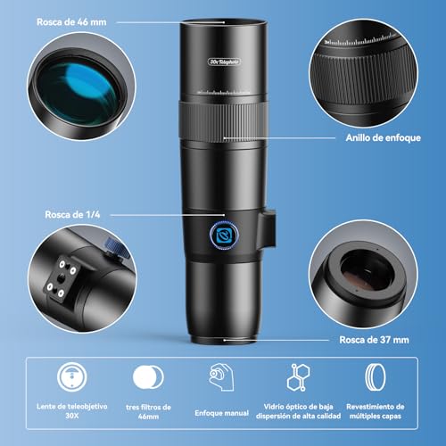 Objetivo Telefoto 30x con Trípode Estable y Clip Universal para Smartphone Android e iPhone 5