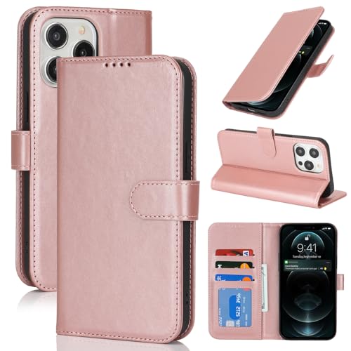 Image of for iPhone 13 Pro Max Case Wallet with Card Holder,for iPhone 12 Pro Max Wallet Case for Women Men,PU Leather Shockproof Magnetic Buckle Stand Flip Phone Case-Rose Gold