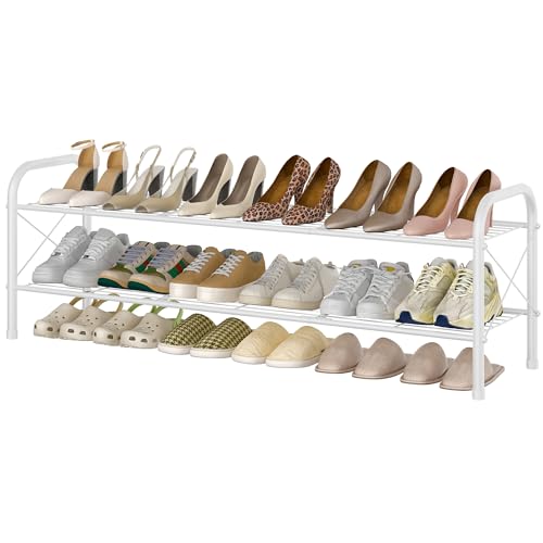 Hoctieon 2 Tier Shoe Rack for Closet, Shoe Rack FreeStanding, Entryway Shoe Shelf, Shoe Storage Organizer, Durable Mesh Style Shoe Racks, White