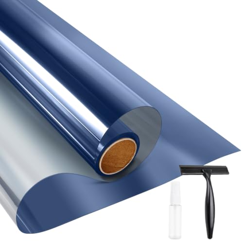 Image of KESPEN Window Privacy Film One Way Daytime Privacy Heat Control Anti UV Non-Adhesive Reflective House Window Tint for Home and Office, Blue-Silver, 35.4 Inch X 8.2 Feet