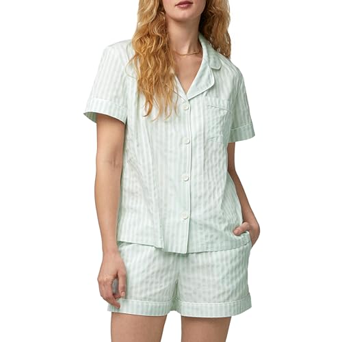 Image of Bed Head PJs Women's Short Sleeve Woven Cotton Sateen Shorty Pajama Set - Organic, Soft, Lightweight, Classic Fit Sleepwear