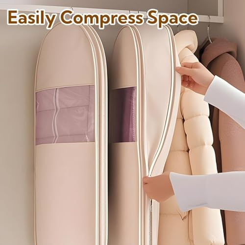 Space Saving Hanging Garment Bag with Self Compression Zipper, Space Saver Closet Organizers, Dust Cover Clothes Bags for Down Coat, Clothes Cover For Closet Storage for Travel with Rack (Beige,3Mix)4