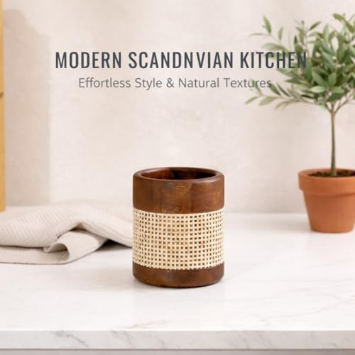 Image of Wooden Cutlery Holder for Kitchen Counter (Round Cutlery) | Vervique Emporium Wooden Cutlery Holder with Removable Compartments