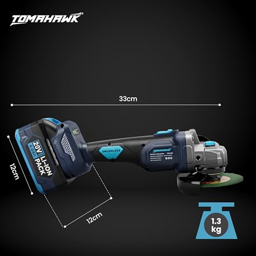 Image of Tomahawk PGR-4995 20V Brushless Cordless Angle Grinder - Mini Angle Grinder with 2x4.0Ah Batteries & Charger | 4 Inch Disc | 2-Speed up to 9,000 RPM | Trigger Lock