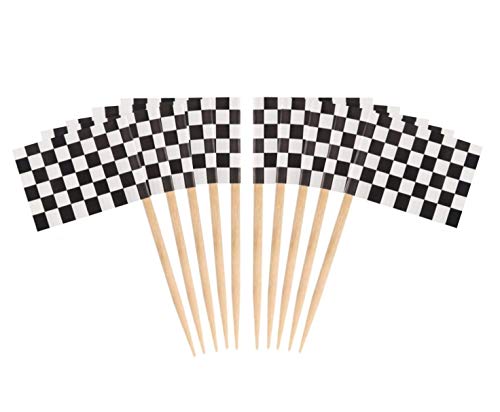 JAVD Lot de 100 drapeaux de course à carreaux à carreaux cure-dents Petit à carreaux Mini Stick Cupcake Toppers Drapeaux Alimentaire Bar Gâteau Cure-dents Drapeau