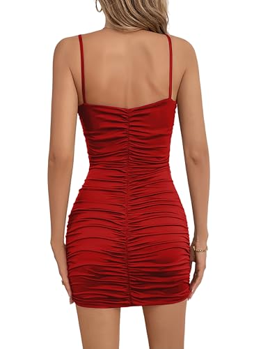 Image of Women's Spaghetti Strap V Neck Bodycon Ruched Going Out Mini Dress for Club Party Date Night