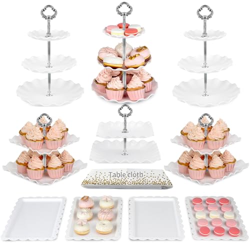 Pack of 11 NWK Cake Stand Set Cupcake Stand with 3 x Two-Tier and 3 x Three-Tier Cupcake Stands 4 x Appetizer Trays 1 x Tablecloth for Birthday Bridal Baby Shower Party (Silver)