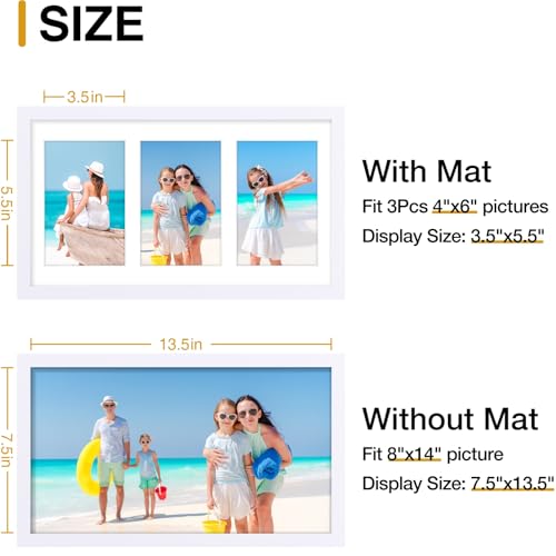 decorUhome 8x14 Picture Frames Collage Wall Decor, Display 3Pcs 4x6 Photos with Mat or 1Pcs 8x14 Unmatted, 3 4x6 Collage Picture Frames for Wall Mounting, White