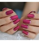 Slim Gorgeous Fake Nails Matte Rose Red with Metallic Moo Medium Size Frosted Artificial Acrylic ...