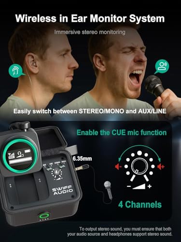 Image of SWIFF Audio WX520 Wireless in Ear Monitor System, 5.8GHz IEM System w /Stereo /Mono Switch, Built-in Cue Mic, LED Receiver & Charging Case Transmitter, 4 Channels, One-to-More for Studio, Bands, Live