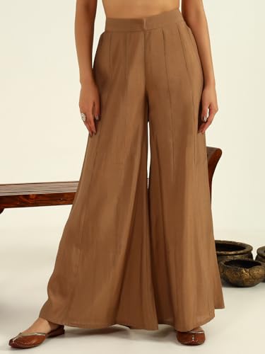 Image of FIORRA Women's Brown Viscose Chanderi Straight Kurta with Palazzo and Dupatta
