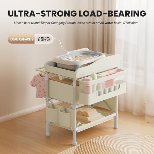 Image of Jaylene Portable Baby Changing Table with Storage - Adjustable Height Diaper Station, Waterproof Pad, Large Capacity Organizer, Foldable Newborn Changing Table for Nursery & Bedroom (Beige)