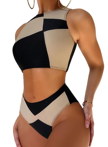 Disfraz Shego de bloque de color para mujer, traje de baño de cuello alto, parte inferior de cintura alta, conjuntos de bikini para cosplay, negro, caqui (Black Khaki), Large
