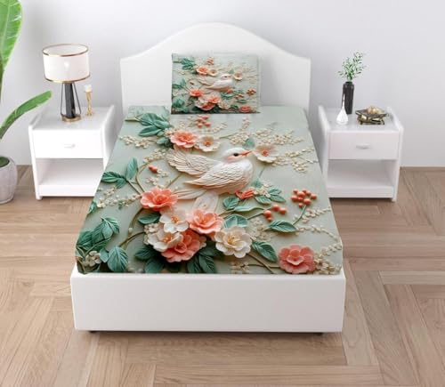 Image of Digital Printed Heavy Quality Glace Cotton 7D Bedsheet for Single Bed, 60 inch x 90 inch Flat Bedsheet with 1 Matching Pillow Cover for Kids, 300 TC (Bird)