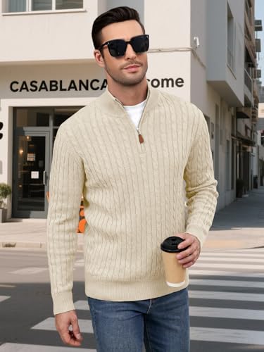 Auxo Men's Quarter Zip Pullover Sweater Cable Knit Casual Stand Collar Texture Knitted Sweaters4