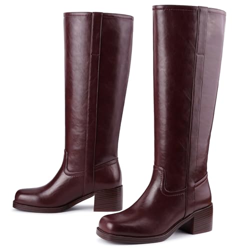 Image of Gothictor Women's Banana Knee High Boots Square Toe Chunky Block Heel Comfortable Low Heel Pull on Wide Calf Riding Long Boots for Women