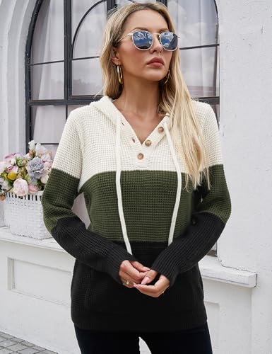 Image of CiCiBird Women's Fall Hoodies Sweater V Neck Waffle Knit Top with Pocket | Loose Fit, V Neck Button, Adjustable Drawstring, Long Sleeve, Kangaroo Pocket, Weekend Errands, Daily Wear, Work Casual