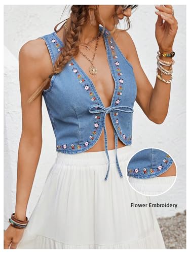 MakeMeChic Women's Cowgirl Denim Vest Western Floral Embroidery Tie Front Sleeveless Boho Tops Cowboy Chic2