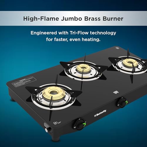 Image of Butterfly Bleu Ray 3 Burner Glass Top Gas Stove | Removable Drip Tray | Brass Burner Gas Stove with Tri‑Flow Jumbo Burner