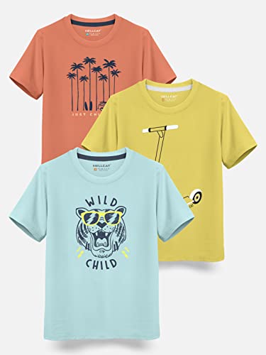 Image of HELLCAT Boys Round Neck Printed Blended Cotton Tshirt -Combo Pack of 2 - Orange /Blue