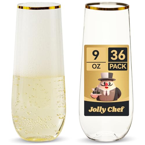 JOLLY CHEF 36 Pack 9 Oz Plastic Champagne Flutes, Gold Stemless Plastic Toasting Glasses...