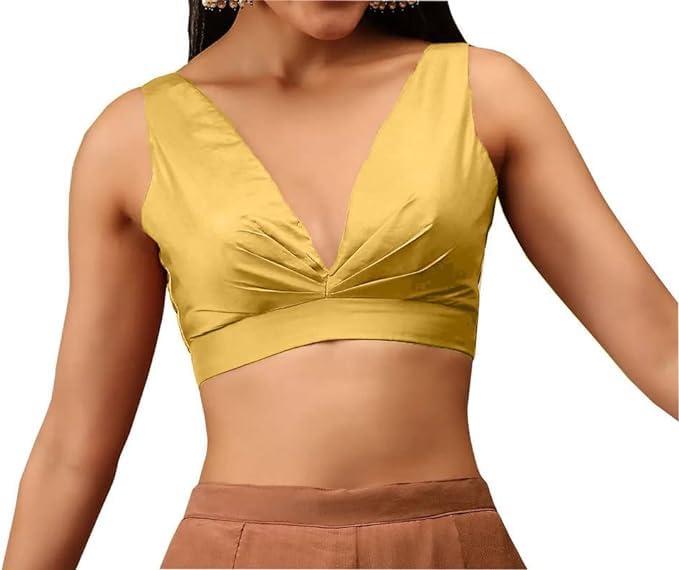 Fashnkart Readymade Indian Bollywood Satin Silk Saree Blouse Women's Solid Plain Top Sleeveless, V-Neckline Sari Choli