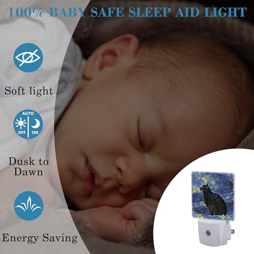 Image of Plug in Night Lights Starry Sky Black cat Painting Nightlight Plug Into Wall Dusk to Dawn Sensor LED Night Light for Kid Girls Boys Room Decor, Hallway, Kitchen, Bathroom, Nursery, Stairs
