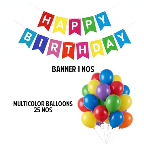 Image of Partycat Multicolor Birthday Decoration Combo - inchHappy Birthday inch Cardstock Banner & 25 Metallic Balloons - Party Supplies for All Ages - Home, Office, Outdoor Decor