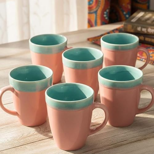 Image of The Earth Store Pink Flow Coffee Mug - 340ML Ceramic Coffee Mugs Set of 6 | Microwave & Dishwasher Safe Mugs for Gift | Home | Office | Restaurant | Daily Use Tea Mug