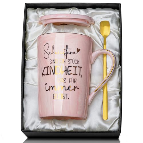 Biching Schwester Geschenk - Schwestern Geschenk - Geschenke für Schwester Geburtstag Muttertag, 400 ml Rosa Marmor Kaffeetasse mit Goldener Druckgrafik, Goldlöffel, Grußkarte, Geschenkset