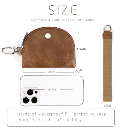 Image of Checkered Dual Pouch Keychain Wallet for Women, Small Mini Zip Leather Coin Purse with Wrist Strap,wristlet hangbags,Brown