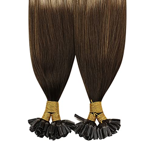 Foto von YoungSee Braun Balayage U Tip Hair Extensions Echthaae Utip Haarverlängerung Keratin Balayage Dunkelbraun Mix Blond Remy Glatt Nail Tip Fusion Extensions Real Hair 45cm 50g für Damen