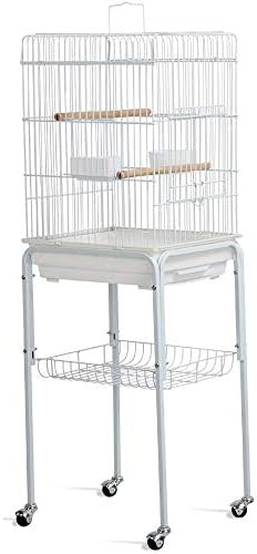 YAHEETECH 46.5’’ White Metal Bird Cage Parrot Cockatiel House Stand On Wheels with 3 Front Doors/Bottom Tray/Bottom Shelf