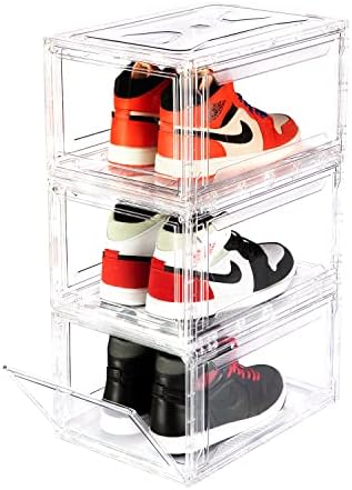 BBYB Shoe Box,Drop Front Shoe Box,Clear Plastic Stackable Storage Bins,Magnetic Transparent Door Clear Storage Bins 3pack (Large, D-Clear)
