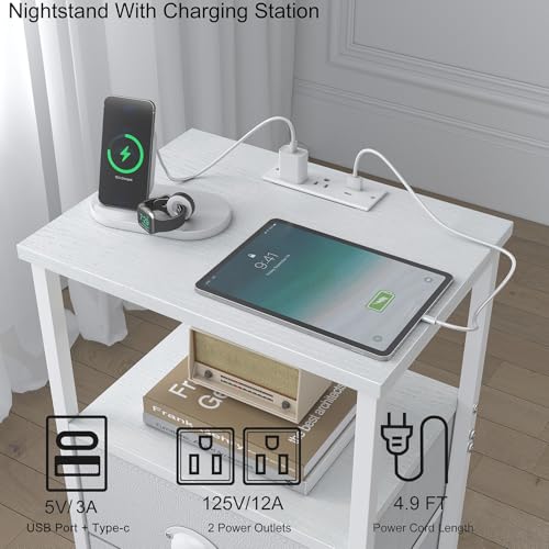 Image of sthmec Nightstand with Charging Station, LED Night Stand with 2 Fabric Drawers PU Finish, Bedside Table End Table with LED Light, 3-Tier Storage Side Table Nightstand with Drawers for Bedroom,White