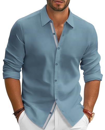 PJ PAUL JONES Mens Button Down Long Sleeve Shirts Untucked Stretch Wrinkle Free Dress Shirt for Business Work Blue XL