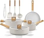 NutriChef 14-Piece Ceramic Cookware Set - Non-Stick Induction Pots & Pans | 14-piece non-stick ceramic set with glass lids, cool-touch handles & utensils - induction & dishwasher safe, Cream