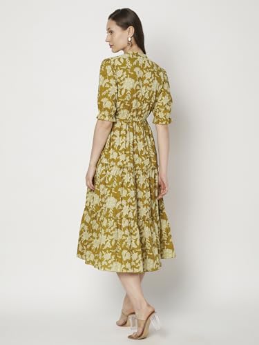 Image of PIDAVLIYA'S Women's Cotton Floral Printed Midi Dress | V-Neck Fit & Flare Dress with Puff Sleeves | Casual Summer Wear