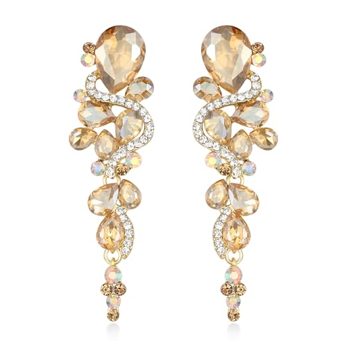 BriLove Women's Bohemian Boho Crystal Wedding Bridal Multiple Teardrop Chandelier Long Dangle Earrings, Crystal Metal