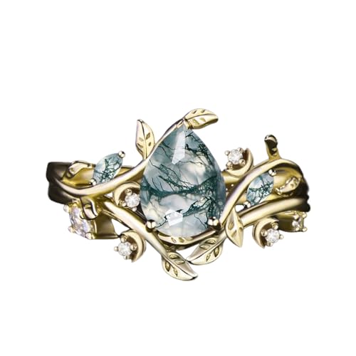 Pear Cut Moss Agate Engagement Ring Set for Women 2CT Natural Moss Agate Wedding Ring Set Sterling Silver 10K 14K 18K Gold Bridal Rings Set Size 4-12