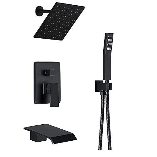 Shower System Matte Black Wall Mount Bathroom Shower Fixtures with 8 inch Rain Shower Head and Waterfall Tub Spout Bathtub Faucet