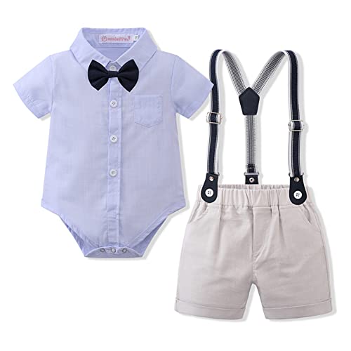 Image of Volunboy Baby Boy Formal Short Set Toddler Summer Gentleman Outfit Kid Short Sleeve Bowtie Shirt Suspender Shorts Suit