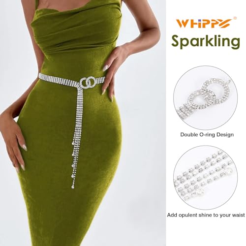WHIPPY Women Rhinestone Belt Silver Shiny Diamond Fashion Crystal Ladies Double O-Ring Waist Belt for Jeans Dressesby3
