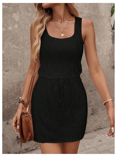 Image of RoseSeek Women's Waffle Knit Belted Tank A Line High Waisted Dresses Square Neck Sleeveless Summer Short Dress
