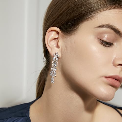 White Gold Plated Rectangle Square Shaped Crystal Wedding Bridal Bridesmaid Clear Cubic Zirconia Stud Dangle Earrings Fashion Jewelry for Adult Women4