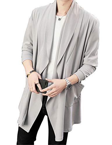 カーディガン メンズ コーディガン ストレッチ アウター 長袖 ロング コート ジャケット 羽織 薄手 無地 スリム トップス ファッション カジュアル シンプル ストールカーディガンジャケット (グレー, L)