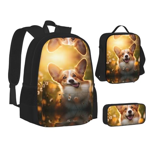 nanger Corgi Floral Flowers Print 3-Piece Set Backpack, Lunch Bag And Pencil Case, For Travel, College, And Daily Use2