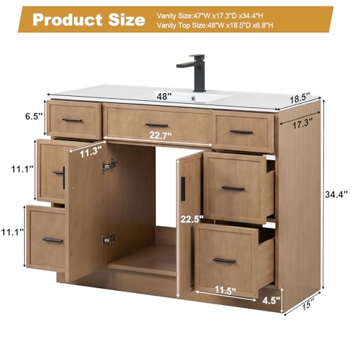 Image of 48 Inch Bathroom Vanity with Sink, Freestanding Bathroom Vanity Cabinet with 6 Drawers & 2 Doors, Modern Farmhouse Bathroom Sink Cabinet with Ceramic Basin, Floor Standing Storage (48 inch)
