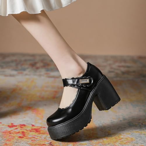 Image of Women's Platform Mary Janes Heart Cat Buckle Rivets Ankle Lolita Gothic Princess Platform Pumps Patent Leather Thorn Vintage Traditional Embroidery Upper Dress Shoes